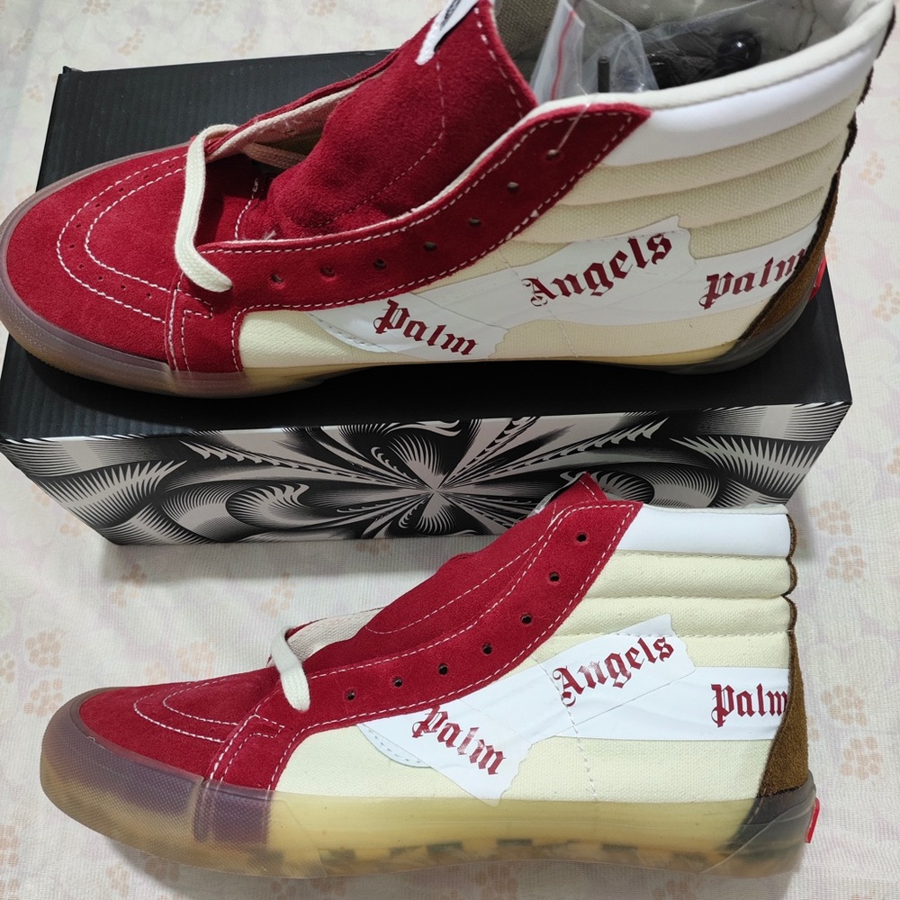 Vans High-Top Sneakers in Red, White, Cream with Brown Heel